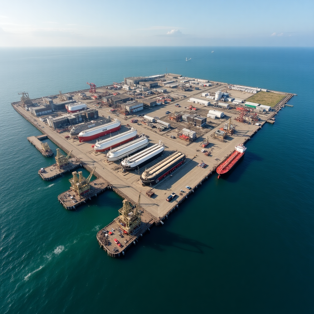 Puerto petrolero con grúas y buques