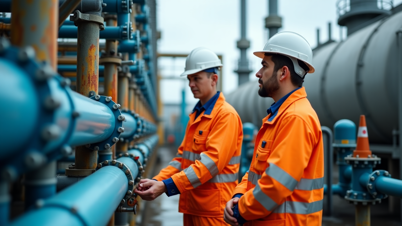 Equipo de seguridad revisando instalaciones petroleras