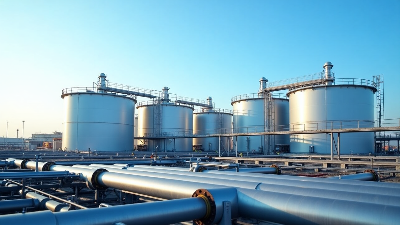 Terminal petrolero moderno con tanques de almacenamiento y sistema de tuberías
